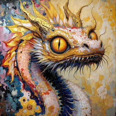 The primary subject of the image is a dragon with a yellow and red head, painted in a vibrant and colorful style. The dragon is the main focus of the image, and it appears to be the center of attention. The setting is a painting, which showcases the artist's creativity and skill in bringing the dragon to life. The visual style is a mix of digital art and illustration, giving the painting a unique and eye-catching appearance. The colors and mood of the painting are lively